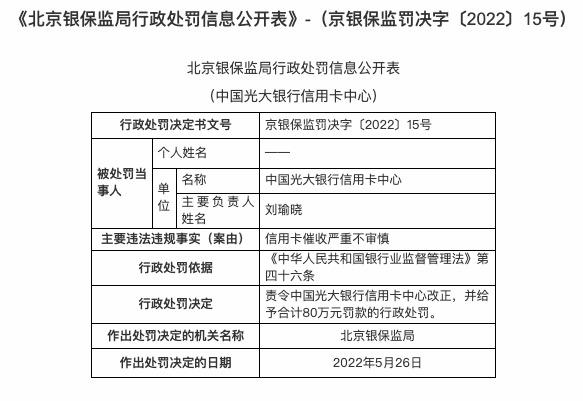 一清POS机：因信用卡催收严重不审慎，光大银行信用卡中心被罚80万